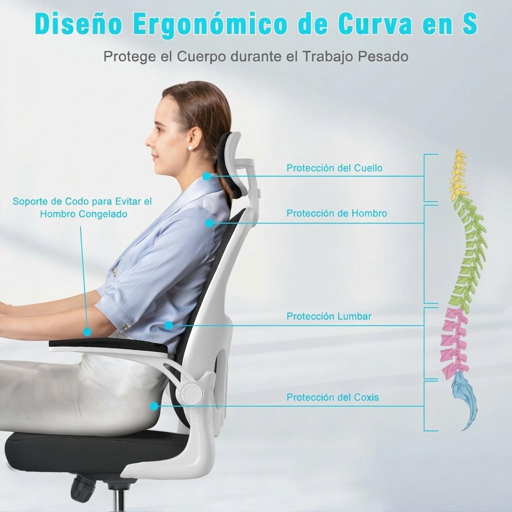 Silla de Oficina, para Gaming, Escritorio Ergonmica con Reposacabezas, Ajustable y con Soporte Lumbar Respaldo de Malla Transpirable Reposabrazos Abatibles de 90 Giratoria 360 (SF168-002) - Image 2