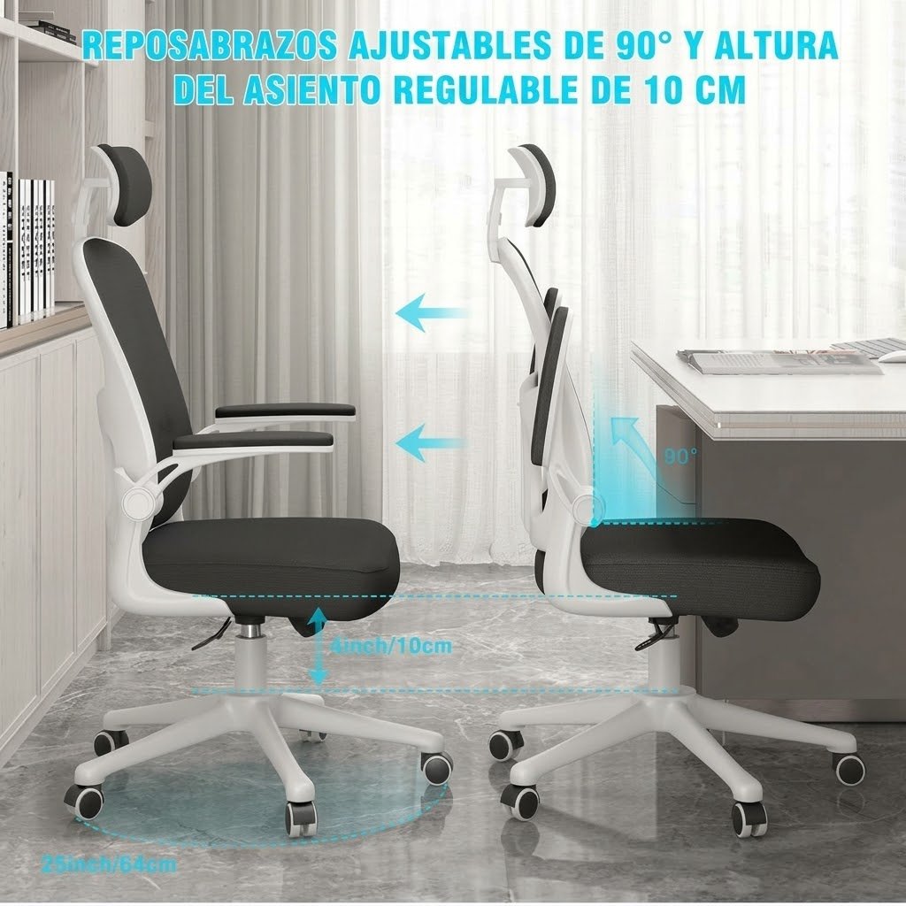 Silla de Oficina, para Gaming, Escritorio Ergonmica con Reposacabezas, Ajustable y con Soporte Lumbar Respaldo de Malla Transpirable Reposabrazos Abatibles de 90 Giratoria 360 (SF168-002) - Image 3