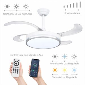 Ventilador de techo 72W con luz LED 36W+DC36W  en 3 Temperaturas de Luz con Mando a Distancia -Motor DC Eficiente y Silencioso, 3 tonalidades, aspas desplegables retráctiles, 6 velocidades, control remoto, memoria, temporizador